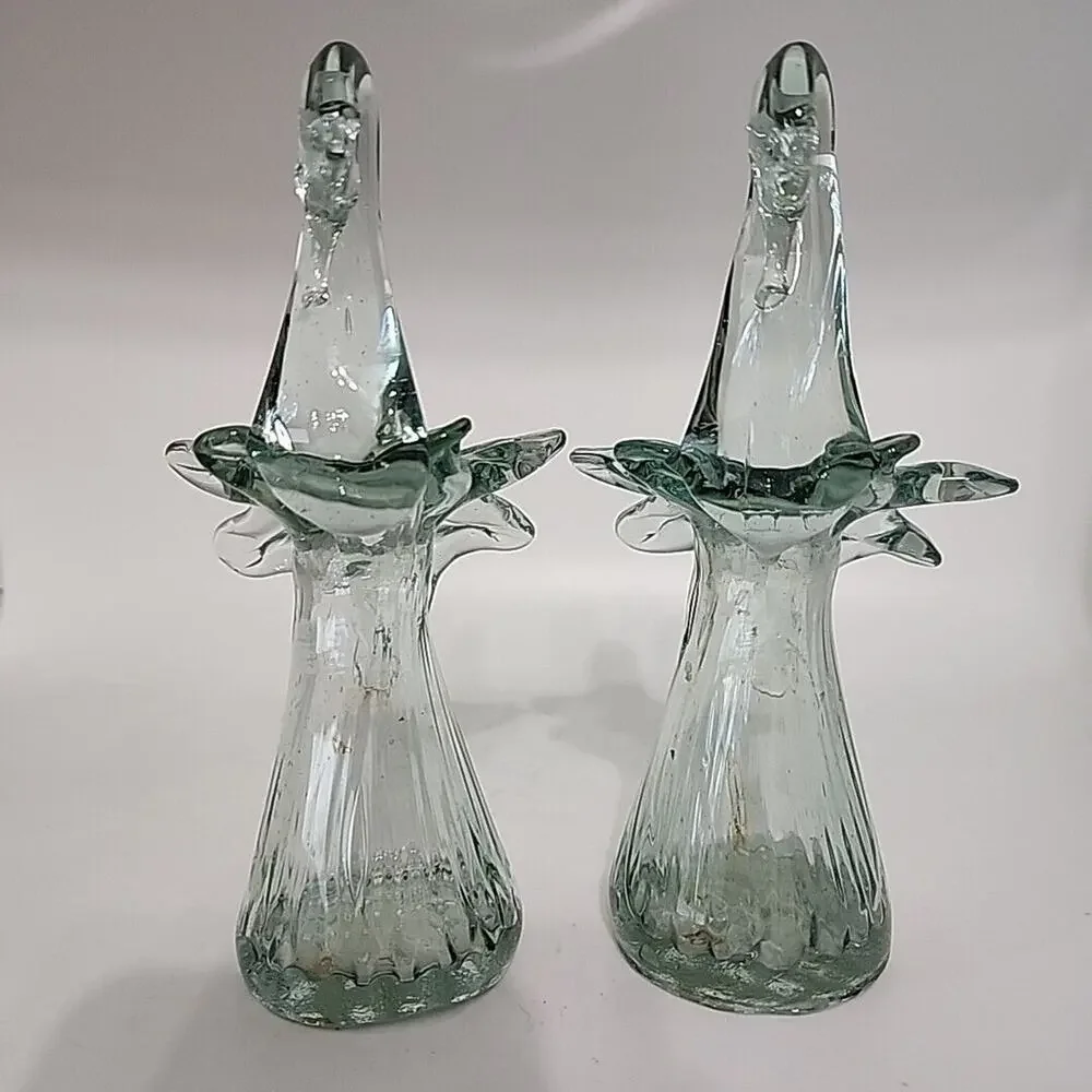 Vintage Matching Pair of Swan Glass Bud Vases 6.5in Green Blown Art‎ Glass FLAW